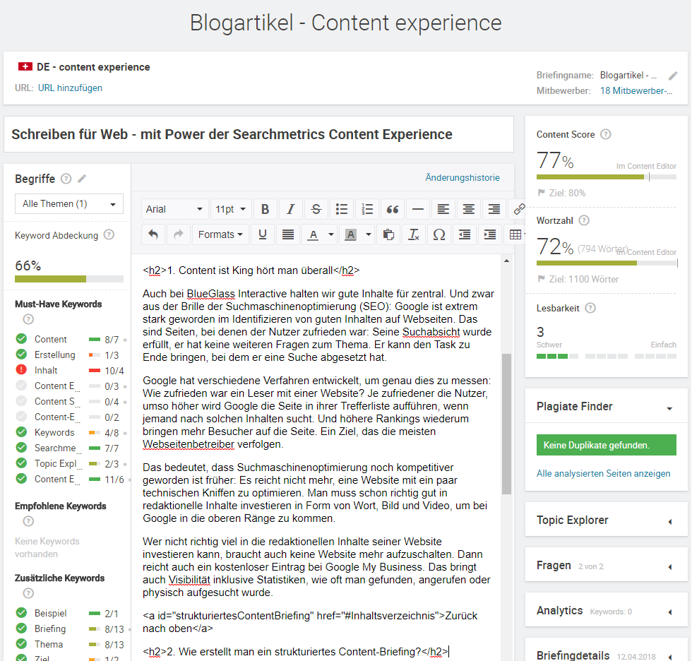 Blogartikel im Editor der Searchmetrics Content Experience