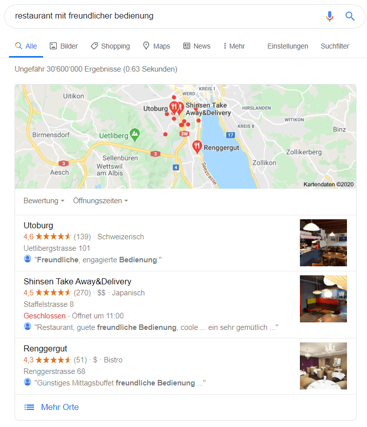 Resultat von Google Maps zum Keyword "restaurant mit freundlicher bedienung"